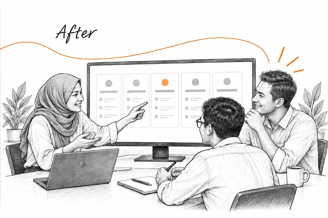 After: the team reviews a shared Zoho CRM pipeline with clear ownership and next actions.