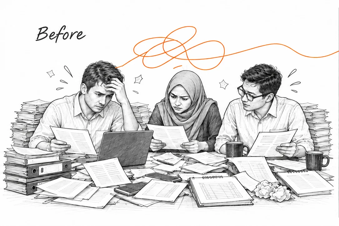 Before: a team searches through paperwork, messages and spreadsheets for the latest update.